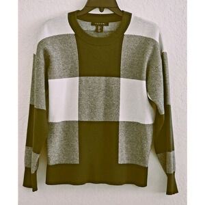 Sweater-Tahari-Forest Green-Plaid Square-Different Knits-Long Sleeves-Size Large